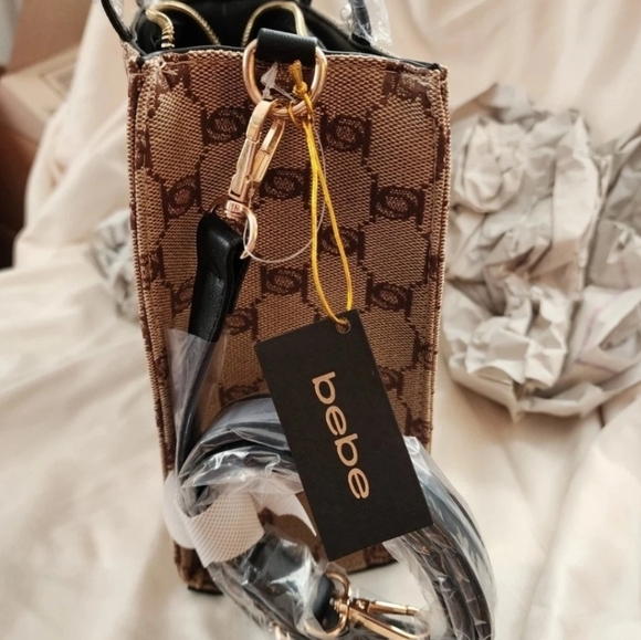 Bebe Los Angeles Talulla Mini Tan and Black Logo Tote - Picture 9 of 10